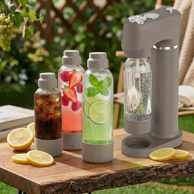 Home Sparkling Water Soda Maker with 2 BPA-Free Bottles (1L + 0.5L) - Carbonated Water Seltzer Fizzy Drink Machine, Compatible with Screw-In 60L CO2 Carbonator (Not Included), Gray