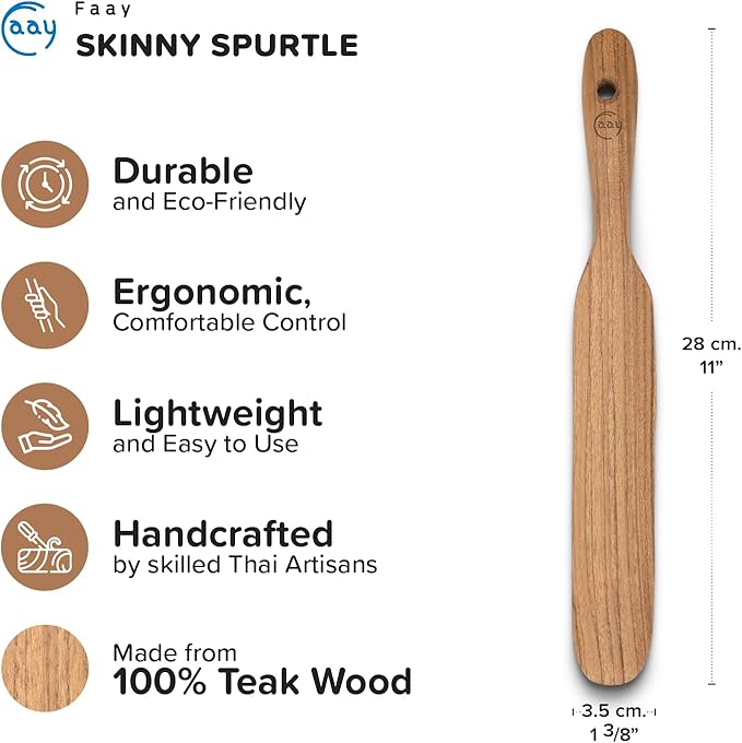 FAAY Handmade Teak Spurtle for Sourdough Starter – Wooden Stirring Stick & Mixing Tool for Deep Jars | Nonstick-Safe, Finished with Coconut Cooking Oil, Crafted in Thailand