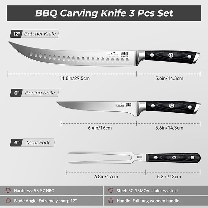 SHAN ZU 3Pcs BBQ Carving Knife Set with Sheath – for Turkey, Meat, BBQ, Brisket, Razor Sharp Slicing Knife, Professional 5Cr15MoV Stainless Steel, Ergonomic Full Tang Wood Handle, Gift Box Included