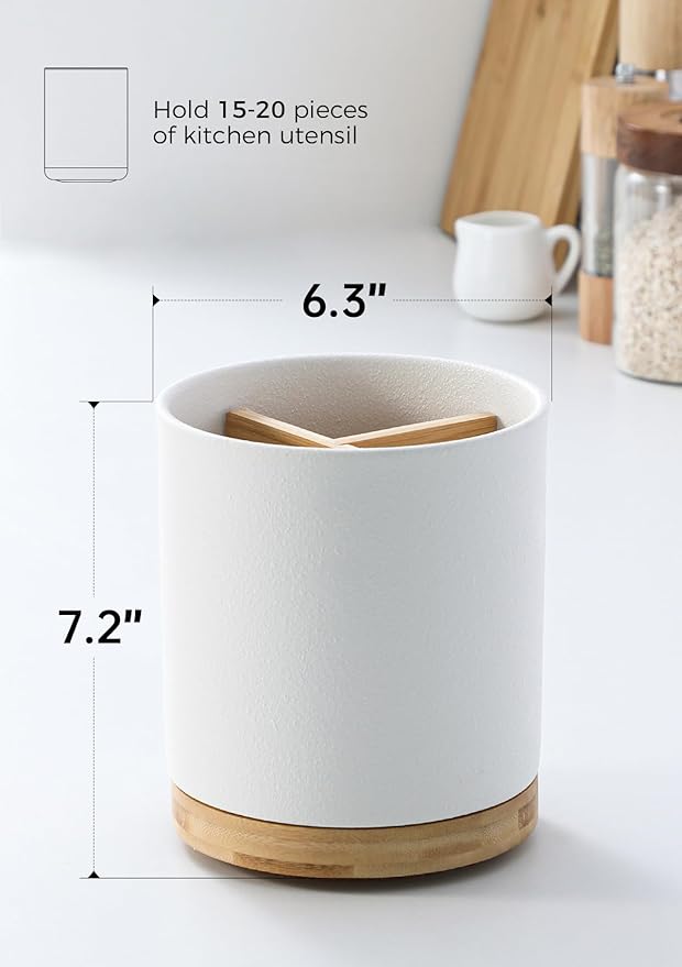 LoeJan 3 Compartment Utensil Holder, Extra Large Utensil Crock, Stable Ceramic Utensil Organizer, Cooking Tool Organizer Set for Kitchen Counter Farmhouse Decor, Textured White