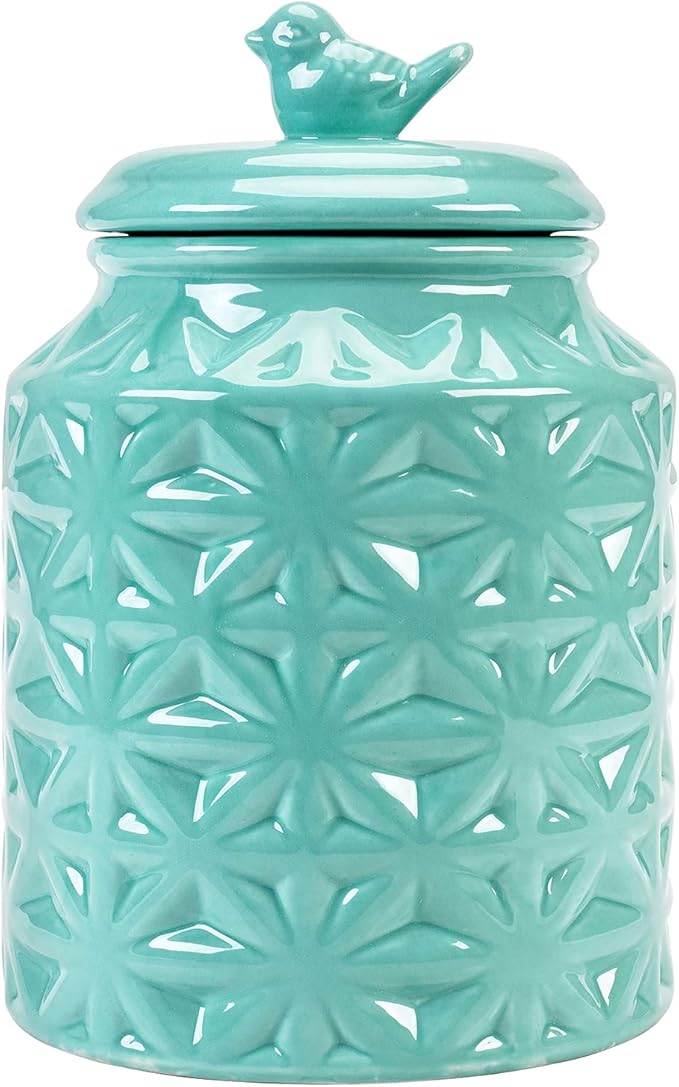 MyGift Vintage Turquoise Ceramic Kitchen Jar with Lid, Cookie Jar Storage Containers Airtight with Embossed Star and Bird Design