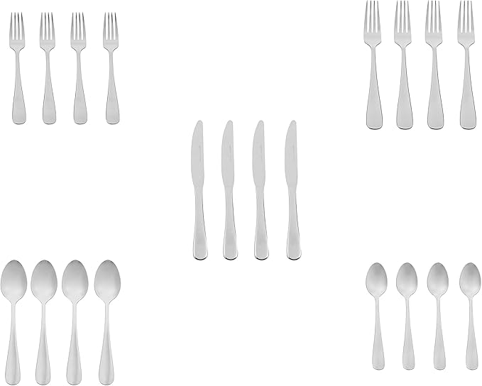 Amazon Basics Silverware Set, Stainless Steel Flatware, Dishwasher Safe, Service for 4, 20-Piece Forks and Spoons, Round Edge, Everyday Use