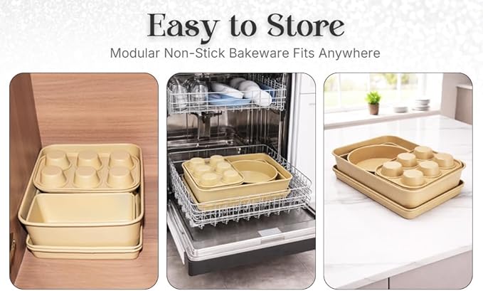 Nonstick Bakeware Set 8 Piece - Stackable Baking Pan Set, Oven safe 450°F, Carbon Steel Baking Set with Muffin, Loaf, Cookie Sheets & Roaster, Easy Storage, BPA-Free (Beige)