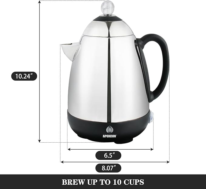 APOXCON Electric Coffee Percolator Stainless Steel Coffee Maker with Clear Brew Progress Knob and No-Drip Spout Auto Keep Warm & Cordless Serving Coffee pot with On/OFF Switch Fast Brew (10 Cup)