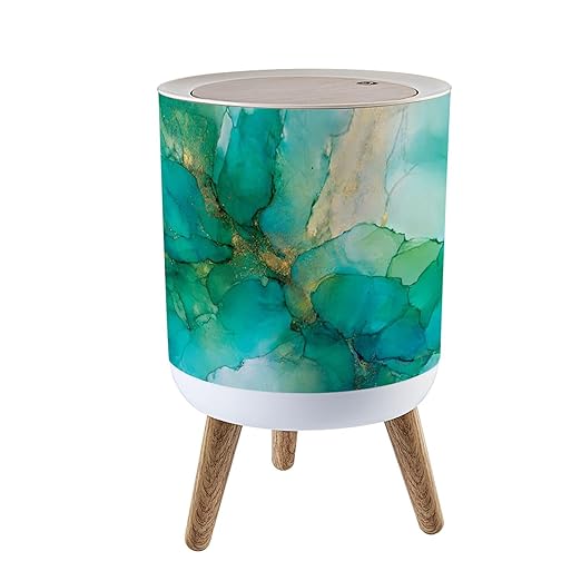 Trash Can with Lid Abstract green gold fragment colorful Mixing acrylic paints Modern art Press Top Round Small Garbage Bin with Wooden Legs Waste Basket for Kitchen Bedroom Nursery 7L/1.8 Gallon