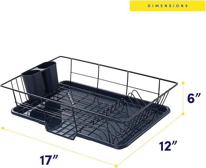Sweet Home Collection Space-Saving 3-Piece Dish Drainer Rack Set: Efficient Kitchen Organizer for Quick Drying and Storage - Includes Cutlery Holder and Drainboard - Maximize Countertop Space, Navy
