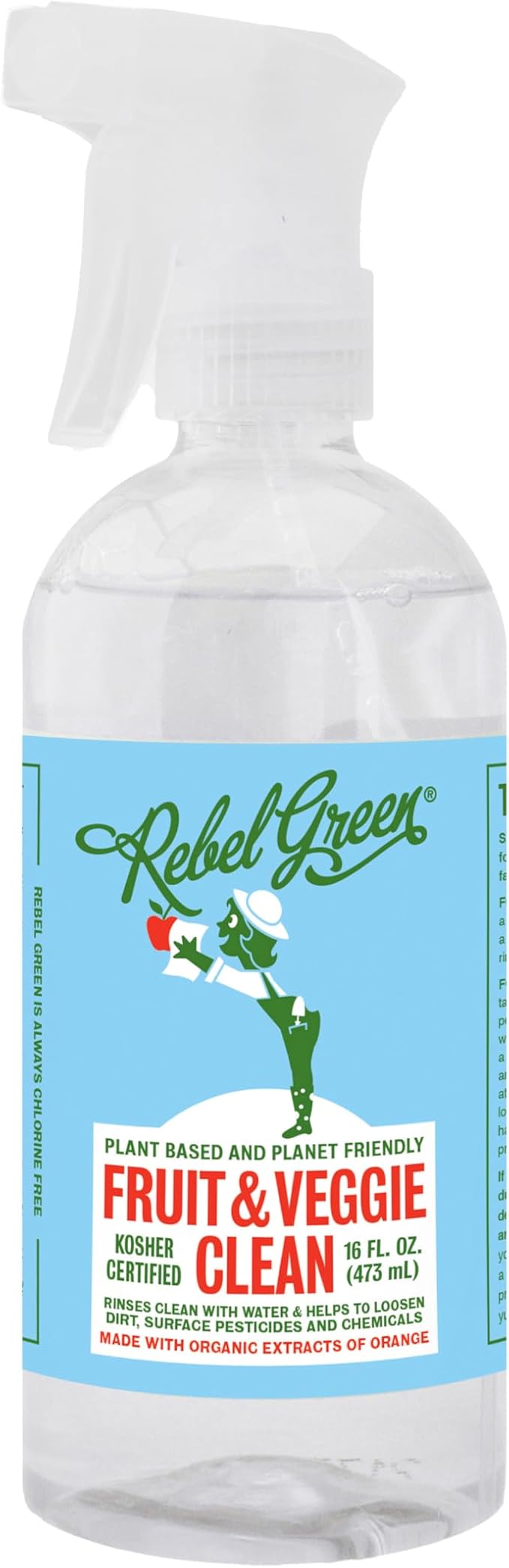 Rebel Green Fruit & Veggie Clean - Plant-Based Produce Cleaner - Natural Fruit and Vegetable Wash with No Aftertaste - Dirt & Grime Removal - Made with Organic Extracts of Citrus - 16 FL OZ