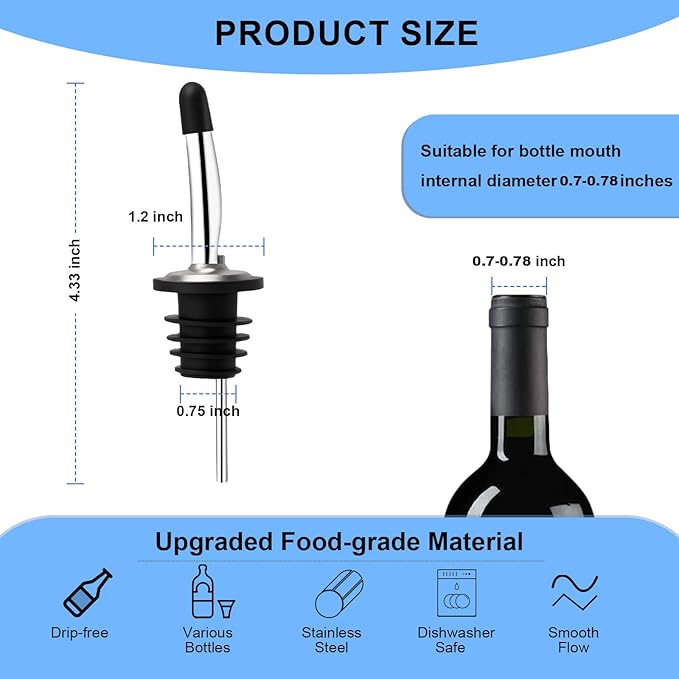 6PCS Bottle Pourer with Adapters, Oil Pourer Spout with Rubber Dust Caps, Stainless Steel Liquor Pour Spout, Speed Pourers for Alcohol, Olive Oil, Bartender Accessories