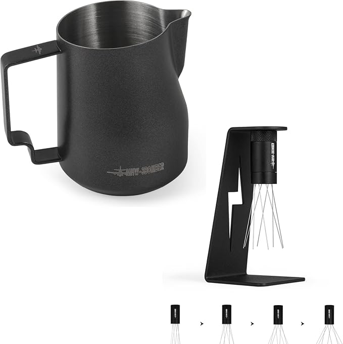 MHW-3BOMBER WDT Tool Espresso Distribution Tool with Magnetic Stand for Barista + MHW-3BOMBER Milk Frothing Pitcher 12oz Milk Frother Cup Espresso Steaming Pitcher