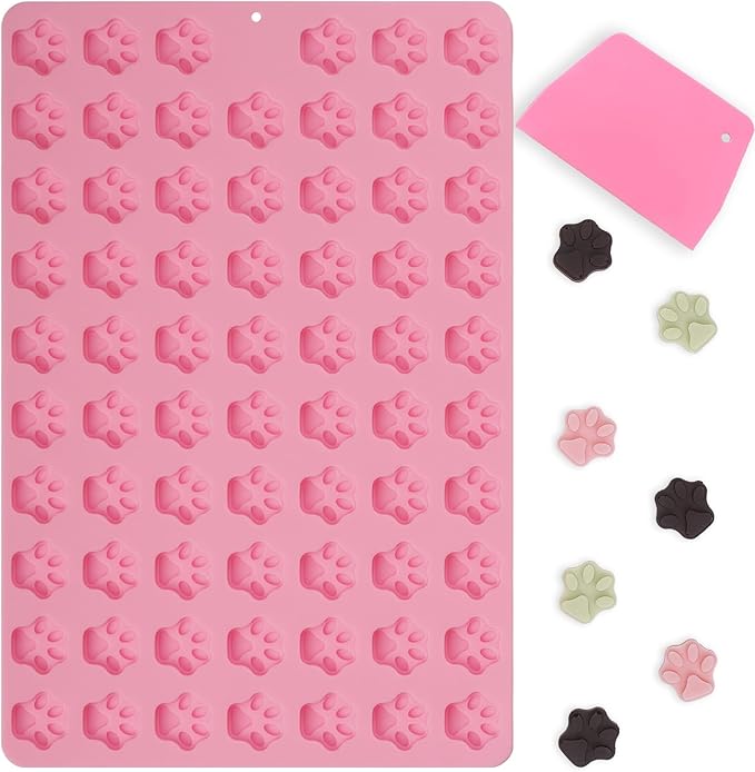 Mini Paw Print Silicone Molds, 69 Cavities Food Grade Pawprint Mold for Chocolate, Candy, Jelly, Gummy, Dog Treats, Cake Décor, Snack Biscuits (with a Scraper)