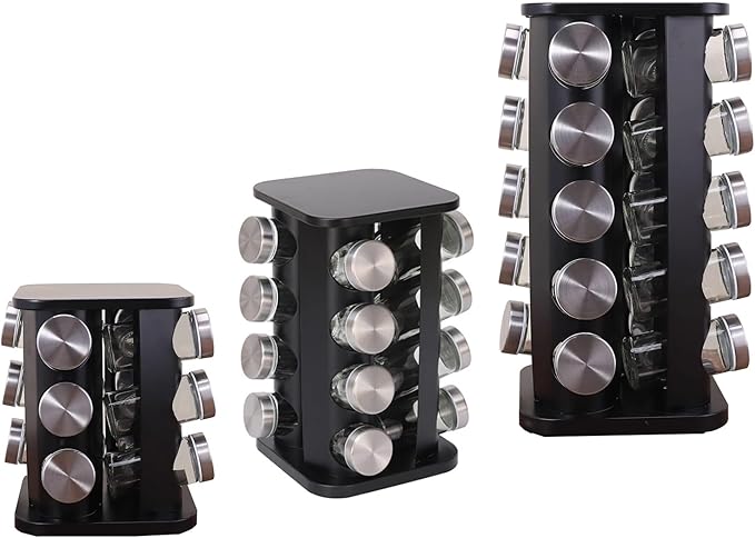 Spice Rack, Spice Rack Organizers for Countertop, Rotating Countertop Spice Rack, Revolving Spice Rack for Kitchen, Kitchen Gadgets, Organizer Rack with Spice Jars (Black, SquareHead_20Jars)