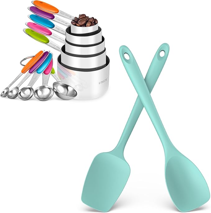 U-Taste 18/8 Stainless Steel Measuring Cups and Spoons Set of 10 (Multi) and 600ºF Heat Resistat Silicone Flexible Baking Spoon Spatula & Cooking Scoop Spoonula (Aqua Sky)