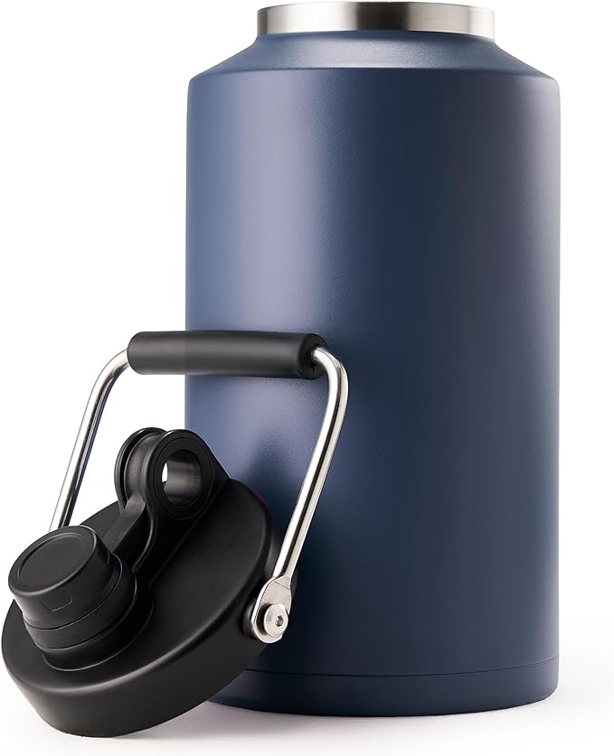Kerilyn Insulated Gallon Jug with Handle, One Gallon, 128oz Stainless Steel, Large Double Vacuum Water Bottle for Hot & Cold Drinks, Wide Mouth, Sweat Proof, Great for Travel, Camping, Dark Blue