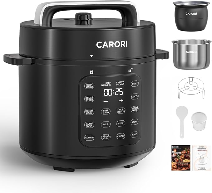 Carori Dual Pot Electric Pressure Cooker, 9-in-1 Multi-Cooker 6 Qt with 2 Inner Pots (Stainless Steel & Nonstick), 12 Programs, Slow Cook, Rice Cook, Steamer, Black