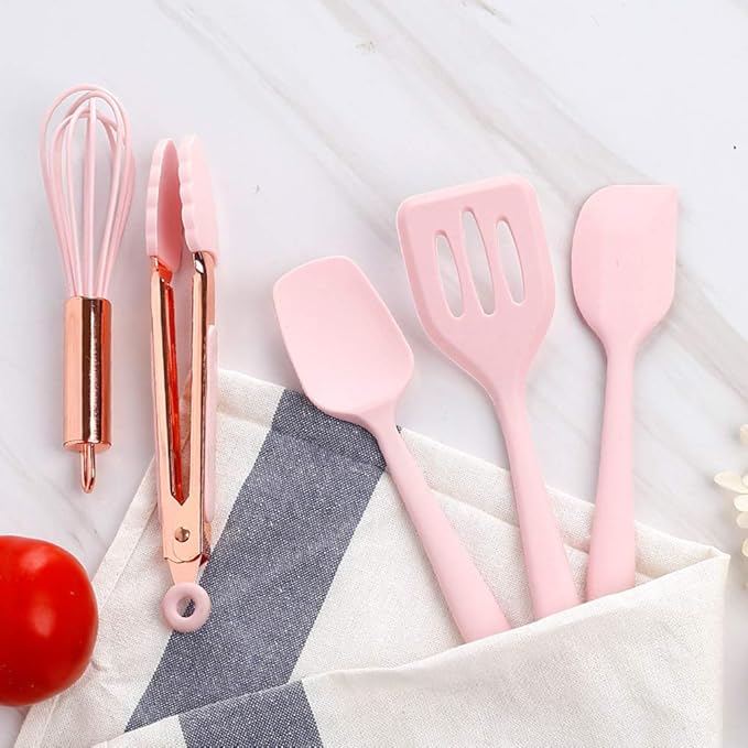 Collfa Rose Gold And Pink Kitchen Utensil Small Five-Piece Set Mini Silicone Kids Kitchen Tools Whisk Spatula Tongs Spoon And Slotted Spatula(Kids Baking Supplies)