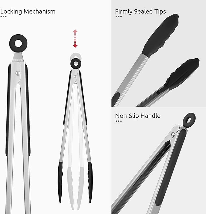 Heat Resistant Silicone Kitchen Tong: U-Taste 16 inch Extra Long Large 480ºF Hot Proof Cooking Tong with Sturdy Non Stick Rubber Tips & Non Slip Silicon Coated Steel Handle for Grilling BBQ (Black)