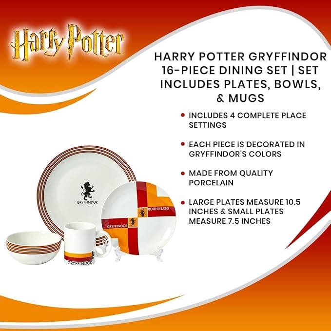 Harry Potter Gryffindor Porcelain 16 piece Dinnerware Set for 4 - Includes 4 Dinner Plates, 4 Salad Plates, 4 Bowls and 4 Mugs