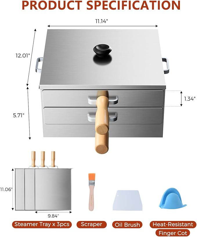 Rice Roll Steamer, Cantonese Stainless Steel 2-Tier Rice Noodles Steamer Machine, Steam Rice Roll Maker with Long Wooden Handle for Commercial and Home Use for Cheung Fun/Dumplings/Dim Sum