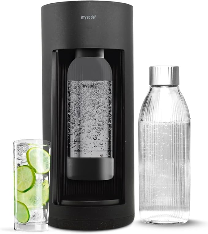 Mysoda Glassy Soda Maker + 1L Glass and 1L Plastic Bottle - Silent Carbonated Water Machine Soda Maker with Sliding Door Opening - No Cylinder Included - Black