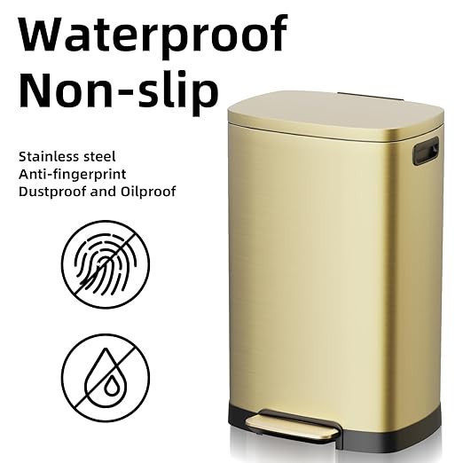 KdbK 13 Gallon Trash Can with Lid, 50L Fingerprint Proof Stainless Steel Kitchen Trash Can with Removable Inner Bucket and Lid Soft Close, Pedal Rubbish Bin for Home Office, Gold