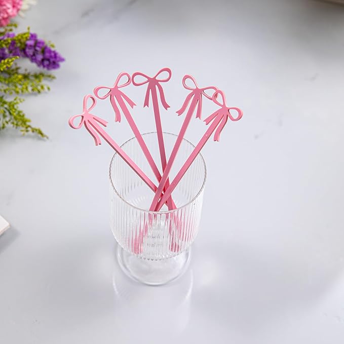 20 pcs Bow Drink Stirrers, Acrylic Drink Stirs for Bow Themed Party Decoration, Coquette Birthday Cocktail Wedding Decorations Party Favors (Pink)