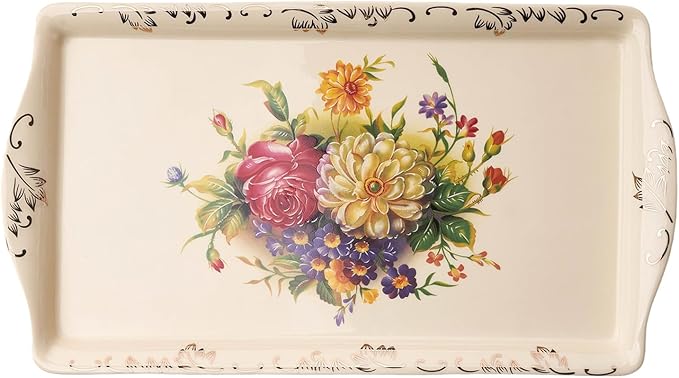 YOLIFE Ceramic Tea Serving Tray, Floral with Gold Leaves Trim Decorative Platter for Tea Party - 13.5 x 7.5 inch
