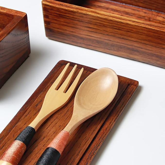 AOOSY Wood Bento Box, Lunch boxes, Japanese Traditional Natural Square Wooden Lunch Containers Women's Men's Adult Wood Bento Box with Spoon Fork kit