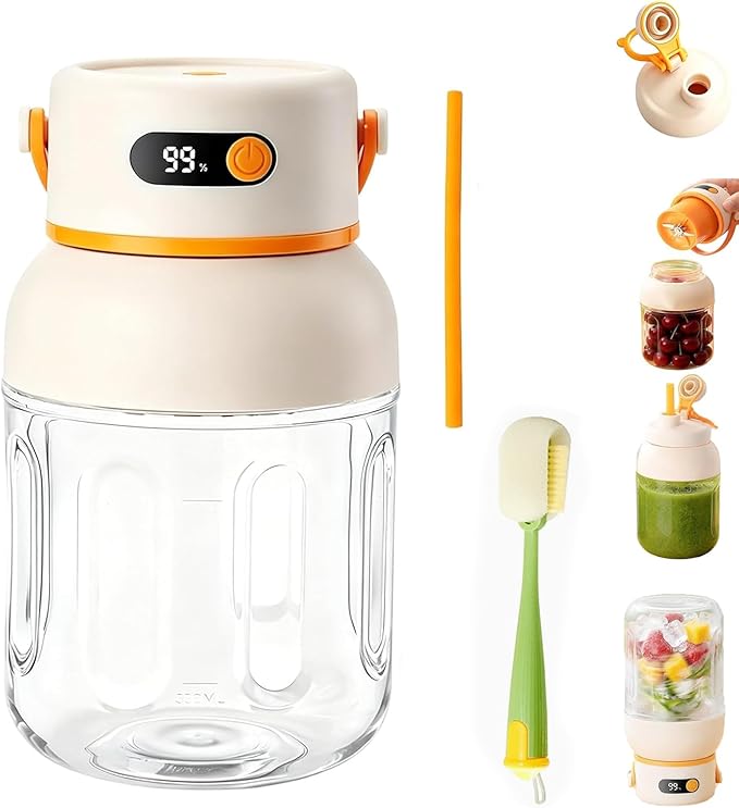 Portable Electric Juicer Cup with Zero Cord Hassle, 33 Oz Cordless Personal Juicer Cup, Digital Display Portable Juicers Blender with Stainless Steel Blades, USB-C (orange-800ml)