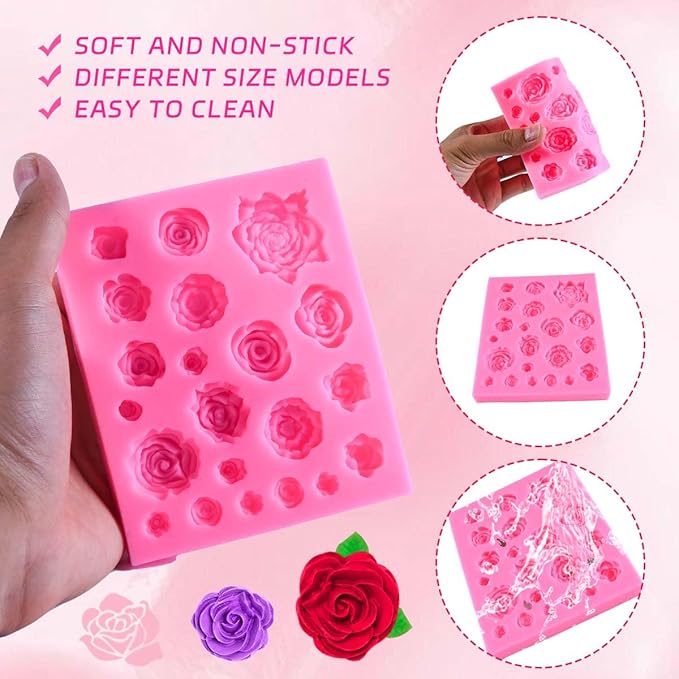 OBTANIM Silicone 21 Cavity Rose Flower Fondant Mold Cake Cupcake Top Decoration Mould for Chocolate Handmade Candy