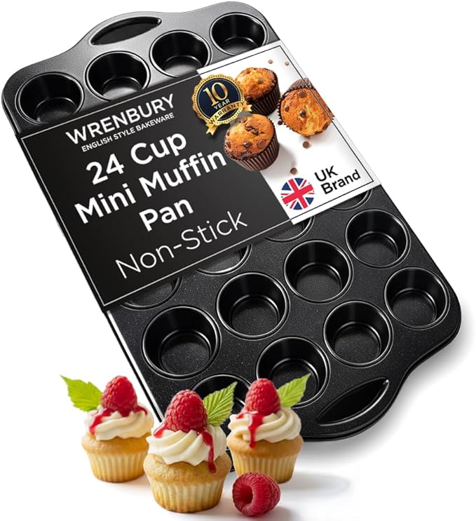 Wrenbury 24-Cup Mini Muffin Pan - PFOA-Free Non-Stick, Premium Carbon Steel, 1.8" Cups, Dishwasher Safe