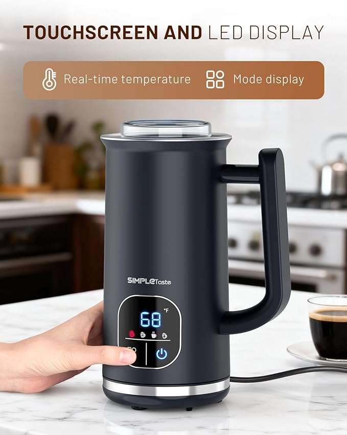 SIMPLETASTE Milk Frother, 4-in-1 Electric Milk Steamer with LED Touch Screen, Automatic Warm and Cold Foam Maker and Milk Warmer for Latte, Cappuccinos, Macchiato