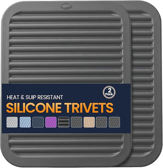 Silicone Trivet Mats 2 Heat Resistant Pot Holders Multipurpose Non-Slip Hot Pads for Kitchen Potholders, Drying mat, Jar Opener, Spoon Holder, Coaster.(Dim Grey)