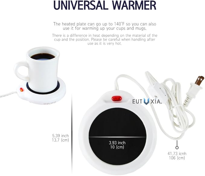 Eutuxia Mug Warmer for Home & Office. Great for Warming Up Cups, Coffee Mugs, Wax, and Beverages on Desks, Tables & Countertops. Electric Heated Plate Warms Quickly. Enjoy Hot Drinks on Cold Days.