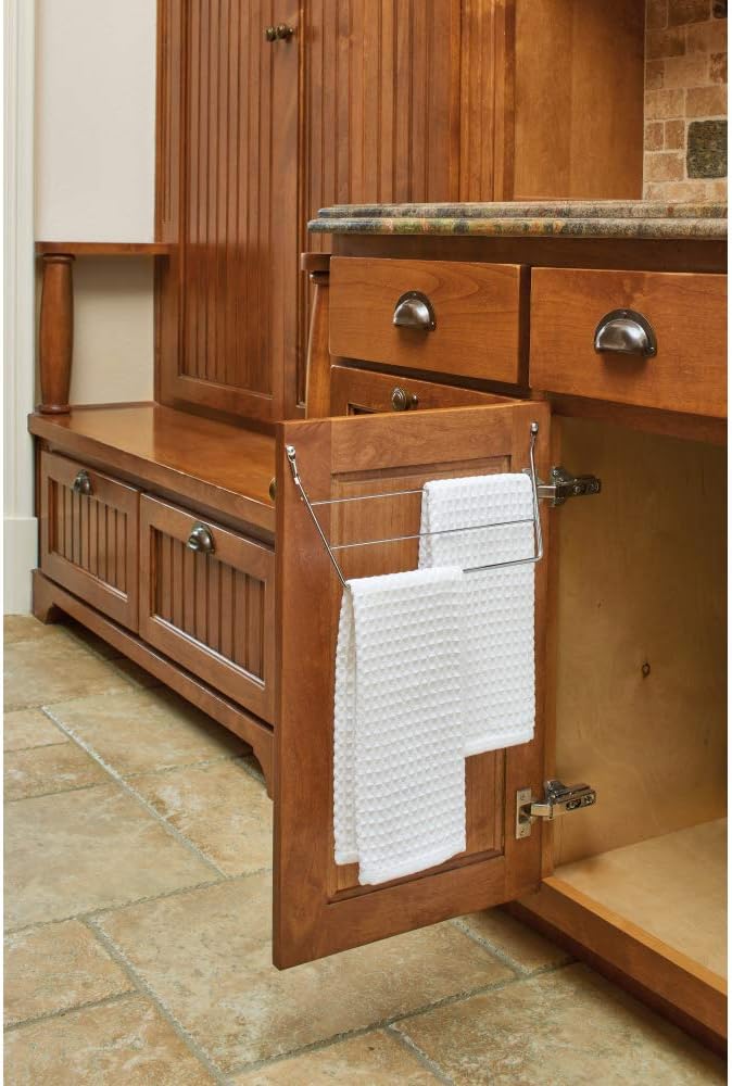 Rev-A-Shelf Under Sink Towel Holder for Kitchen and Bathroom Cabinets, Door Mount Wire Dish Rag Rack Hanger, Holds 3 Folded Wipes, Chrome, 563-32 C