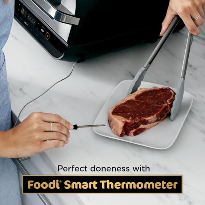 Ninja | Indoor Grill and Air Fryer| Foodi Smart XL | 6-in-1 Grill, Air Fry, Roast, Bake, Broil, Dehydrate & Crisp |Smart Thermometer & Splatter Shield | Dishwasher Safe Parts | Black/Silver | FG551