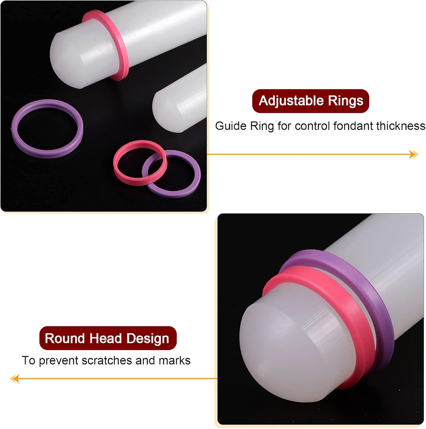 HARFINGTON 2pcs Fondant Rolling Pin 9 Inch x 0.98 Inch Adjustable Guide Rings Non-Stick PP Plastic Fondant Roller Dough Roller Kitchen Decorating Tools for Cookie Pastry Pizza Clay