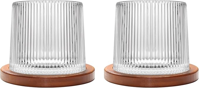 Rotatable Old Fashioned Glass Cup, 275ml/10oz Crystal Whiskey Glass Set of 2, Wood Coaster, Thickening, Used as Rum Glass Cup, Cocktail, Coffee, Milk to Relax and Reduce Stress, Christmas gifts