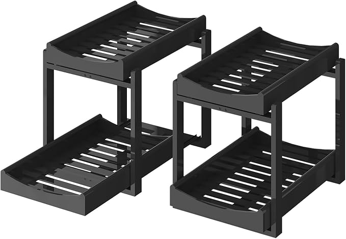 MHXW SXPN Bamboo Under Sink Organizer and Storage, Pull Out Cabinet Organization, 2 Tier Vertical Slide Out Undersink Storage Shelf, Organizer Shelves for Kitchen Bathroom Medicine (Black, 2 Pack)
