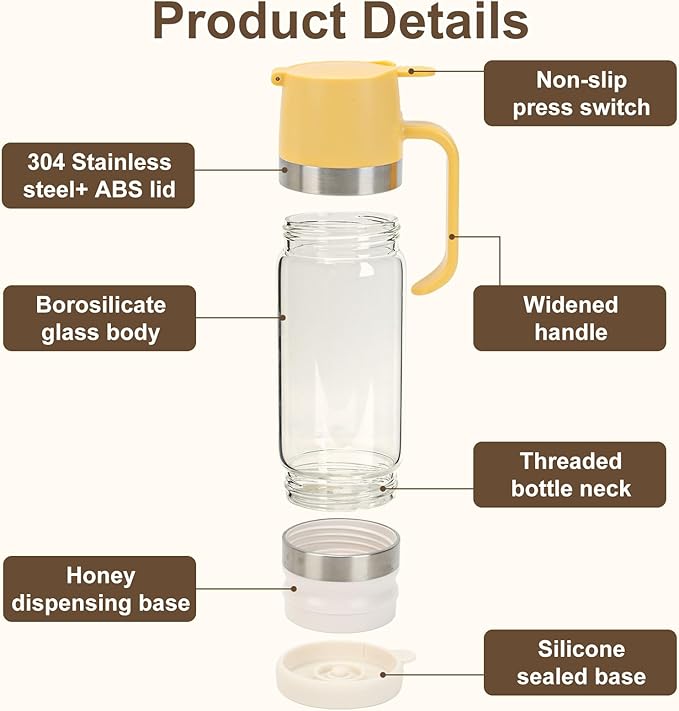2 Pack 12 Oz Glass Honey Dispenser Pot with Silicone Base No Drip Honey Container Jar, Maple Syrup Dispenser with Handle for Pancake, Coffee or Tea Yellow