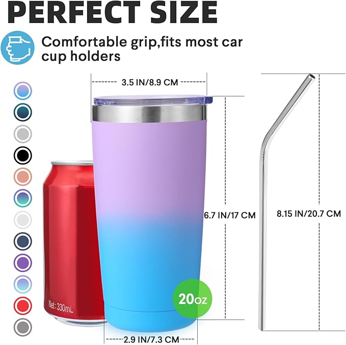 Volhoply 20oz Stainless Steel Tumbler with Lid and Straw Bulk 8 Pack,Double Wall Insulated Travel Iced Coffee Mug Fits Cup Holder,Powder Coated Cups for Hot/Cold Drinks,Christmas Gifts（lavender,8 Set）