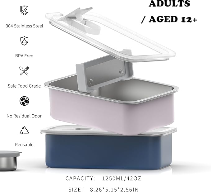 Bakpoco Stainless Steel Bento Lunch Box for Adult, 42oz Leak-Proof Lunch Box Containers, Microwave-Safe, with Adjustable Divider, Convenient Metal Lunchbox for Work, Travel
