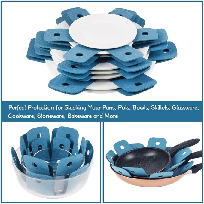BYKITCHEN Pot Pan Protectors, Set of 12 and 4 Different Sizes, Larger & Thicker Cyan Pan Protector Pads, Pan Pot Separator Pads for Stacking and Protecting Your Cookware