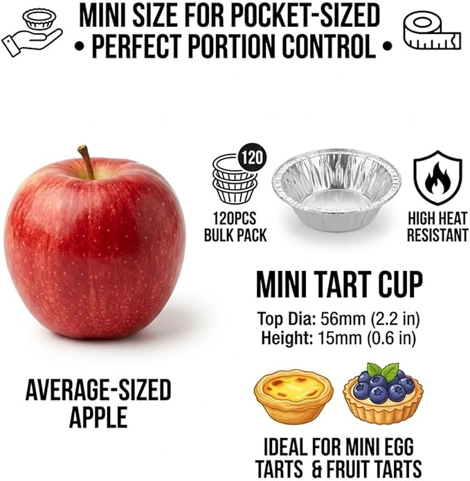 120 Pack 2.2" Mini Aluminum Foil Tart Pans, Small Disposable Pie Tins for Bite-Size Desserts, Mini Quiches & Fruit Tarts, Round Tiny Ramekins for Party, Catering, Wedding