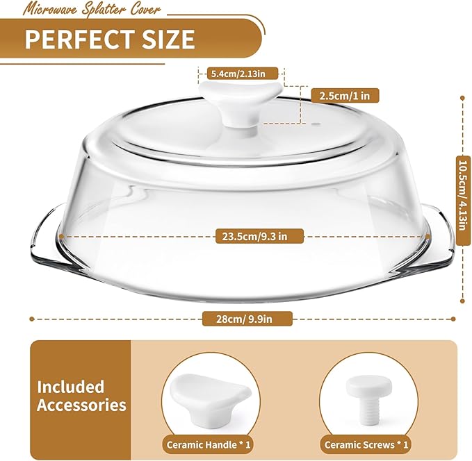 Plastic-free, ACEPRUT New Upgrade Glass Microwave Splatter Cover for Food with Ceramic Handle & Screw, 100% Food Grade, BPA Free, Dishwasher Safe
