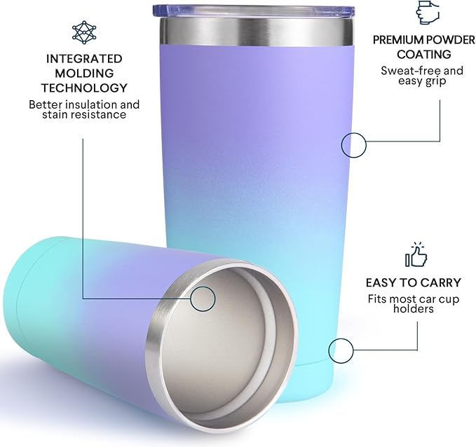 Volhoply 20oz Stainless Steel Tumbler with Lid and Straw,Double Wall Insulated Travel Iced Coffee Mug Fits Cup Holder,Powder Coated Cups for Hot and Cold Drinks,Gifts for Women Men（Purple Bule,1 Set）