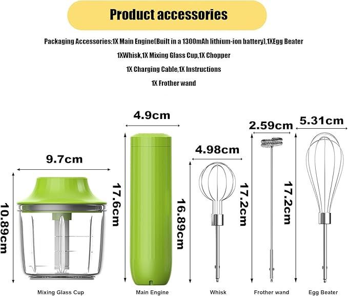 4-in-1 Cordless Hand Mixer with Whisk and Forther Wand,Electric Whisk, Milk Frother, Handheld Frother, hisker, Stirrers Electric,Coffee Frother,Food Chopper, Baby Food Maker,4-Speed, 10Oz