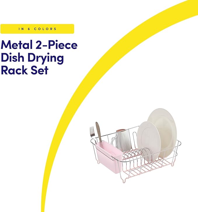 Dish Drying Rack & Cutlery Holder 2 Piece Set - Compact Sink-Fitting Dish Drainer with Rubberized Undercoating, Space-Saving Kitchen Organizer for Plates, Cups, Bowls & Utensils in Sink, Pale Pink