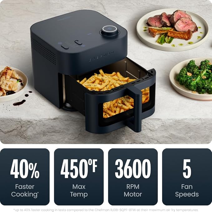 Chefman Crispinator Air Fryer 7-in-1 with 8 Qt Capacity, 450°F Max Temp & TurboFry Pro Technology for Fast, Even Results, Bake, Broil, Dehydrate, Viewing Window, Nonstick Ceramic-Coated Basket