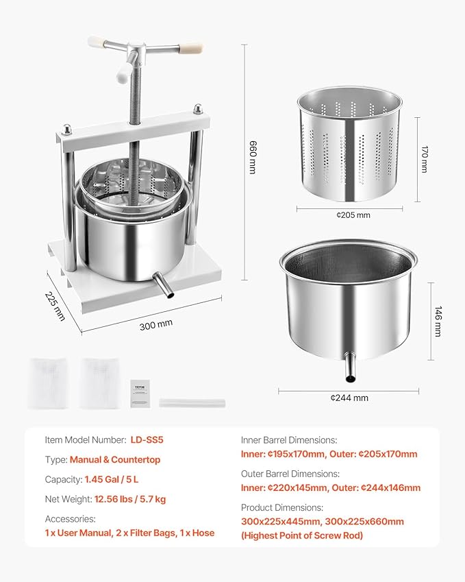 VEVOR 1.45 Gal/5L Fruit Wine Press, 2 Stainless Steel Barrels, Manual Juice Maker, Cider Apple Grape Tincture Honey Olive Oil Making Press with Triangular Handle for Outdoor Kitchen Home
