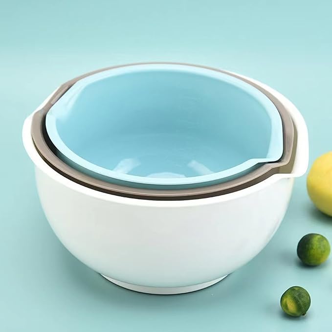 Set of 3 Mixing Bowls with Pour Spout-Nesting Design Saves Space - Non-Slip, BPA Free, Dishwasher Safe Plastic - Kitchen Cooking and Baking Supplies (Blue Grey white)
